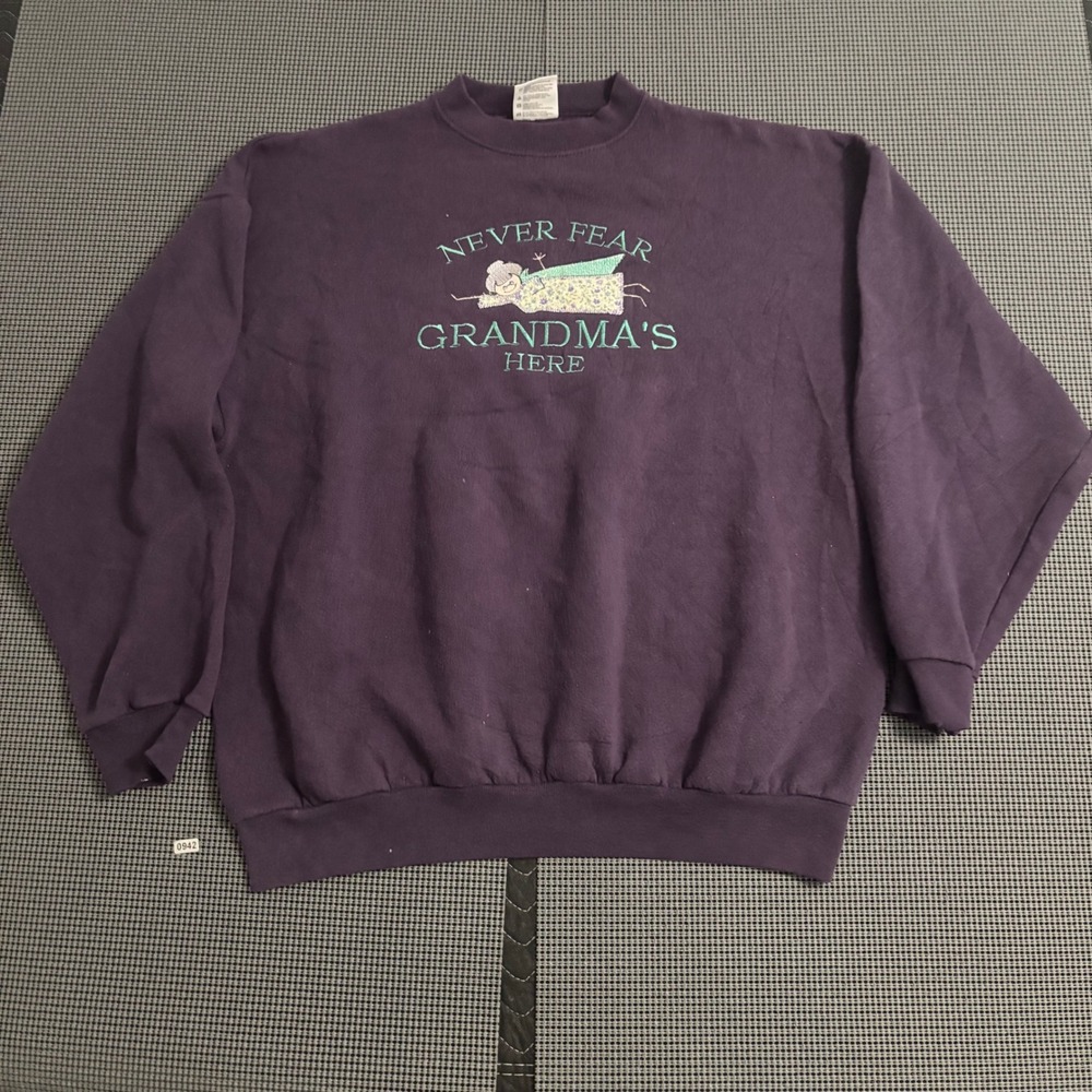 Vintage Tultex Maximum Sweats Purple‎ Grandma Superhero Crewneck Sweatshirt XL
